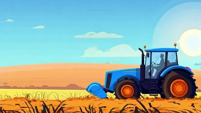 Illustration of a blue tractor working in a field. Agricultural business development concept
