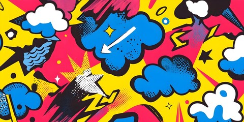 a seamless pop art design with comic-style elements such as exploding clouds, lightning bolts, and dynamic action lines in primary colors, creating a fun and energetic vibe
