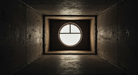Round Window at End of Dark Tunnel - Dramatic Architectural View with Contrasting Light and Shadow