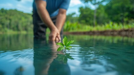 Planting a new future individual nurtures seedling in serene water nature setting close-up perspective