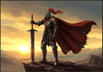 Fototapeta premium Majestic Knight Sunset Landscape Digital Art Print