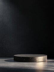 Minimalist product showcase with a round platform in a stark, dark studio setting for display