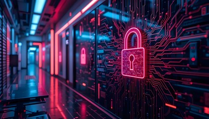 Digital Security Concept with Neon Lock in High-Tech Data Center Environment