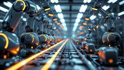 Obraz premium Advanced robotic arms performing precision tasks in a modern manufacturing facility during industrial automation