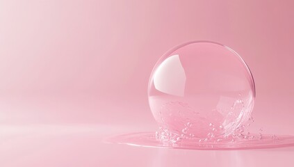 A translucent sphere bubble rests on a pink surface, with cascading, watery, pink droplets.