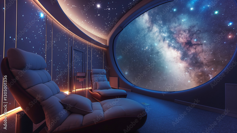 Poster this guests unwind in plush loungers while gazing at a breathtaking view of distant galaxies.