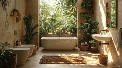 Serene and Lush Bathroom Oasis with Bathtub, Plants, and Natural Light for a Relaxing Experience