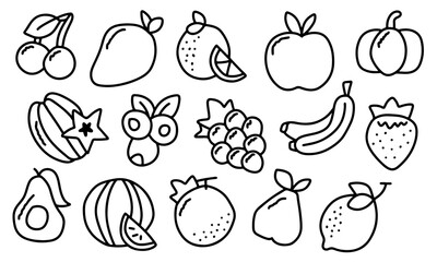 Outline fruits collection. Hand draw doodle fruit icon set. Healthy food icons