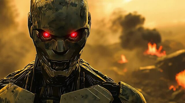 An villainous robot and battle worn landscape reveals a world in ruins with destroyed buildings, Robot's in the devastation	