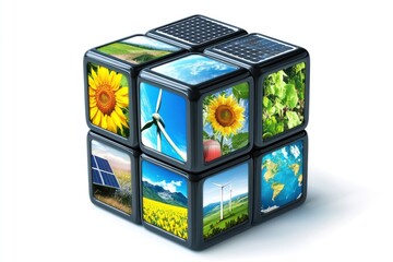 Obraz premium Renewable energy cube showcasing solar, wind, and nature.