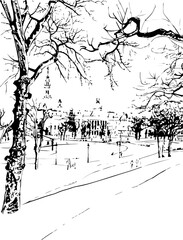 Fototapeta premium architecture, building, coloring page, sketch, drawing, city, vector, church, paris, street, illustration, town, old, art, europe, house, cathedral, london, castle, travel, urban, vintage, cityscape, 