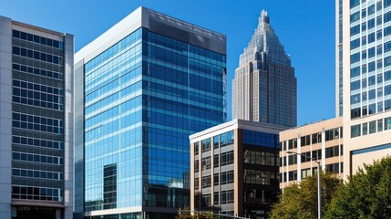 Naklejka premium Modern office buildings in city skyline; urban landscape; sunny day; business district; possible use for stock photo
