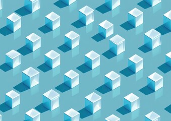 Obraz premium Repeating pattern of light blue translucent cubes with shadows on a teal background.