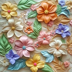 A vibrant, 3D embossed floral design, featuring a multitude of blossoms and leaves in pastel hues, with detailed textures and embellishments.