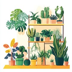 Colorful Potted Plants on Wooden Shelf, Bright Botanical Illustration