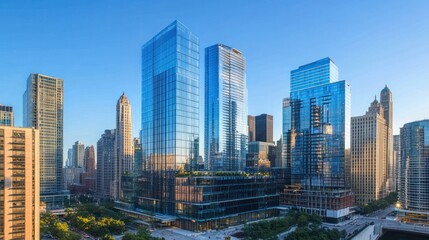 Chicago skyline cityscape at sunrise.  Business center