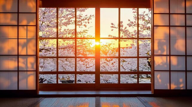 障子越しの春の夕日と満開の桜 &ndash; 伝統的な和の風景