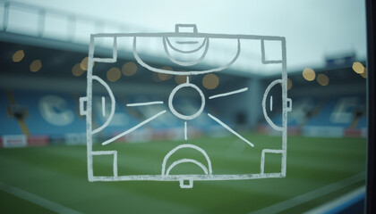 Soccer tactics diagram on glass overlooking stadium field