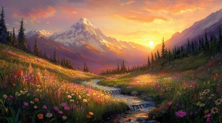 A vibrant, colorful meadow at the foot of a snow-capped mountain range bathed in a golden sunrise, with wildflowers and a stream flowing through the landscape.