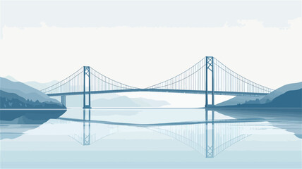 Obraz premium The image depicts a stylized illustration of a suspension bridge spanning a body of calm water. The bridge is rendered in shades of blue, with thin lines suggesting its structure. The