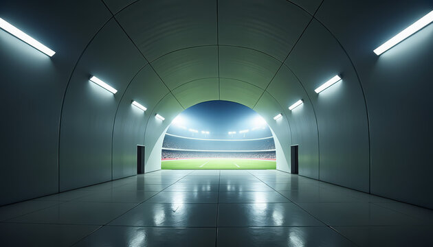Football stadium tunnel leading to illuminated field