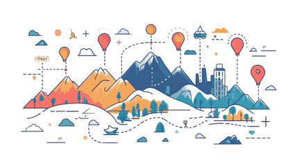 A vector illustration depicting a stylized mountain landscape rendered in a minimalist line art style.  The image features several colorful mountains of varying heights and shapes, rendered