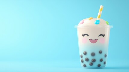 Cute boba drink on light blue background