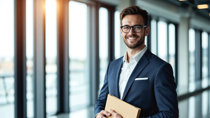 Fototapeta premium Businessman wearing glasses and holding a folder in a bright, modern office hallway. Expresses confidence, success, and professionalism in a professional work environment