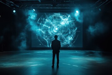 Individual observes stunning digital visuals during an immersive art installation at a modern venue in the evening