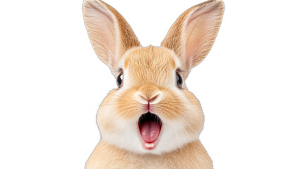 Obraz premium Surprised rabbit with wide eyes, cute furry animal expressing shock, ideal for fun captions or pet-related content. Isolated on white background or PNG