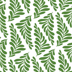 Seamless pattern with hand drawn green branches on white background. Modern botanical print for fabric, cover, card, flyer. Vector illustration