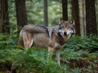 Obraz premium Grey Wolf Stalking in North American Forest: Capturing Wildlife Photography of the Pack Predator's Natural Habitat and Behavior