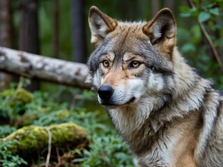 Wild Wolf in Verdant Forest: Captivating Outdoor Portrait of a Youthful Canine Predator