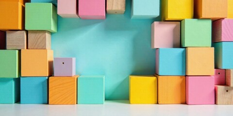 A vibrant arrangement of colorful wooden blocks forms a frame around a pastel background, creating a playful and versatile image ideal for various design projects.