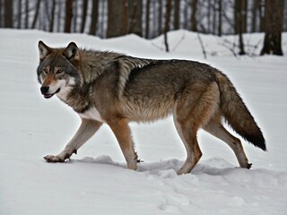 Fototapeta premium Wildlife Adventure: Wolf Tracking in Snowy North American Forests - A Majestic Canine Predator in Its Natural Habitat