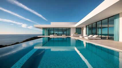Fototapeta premium Experience serene luxury at a modern villa with an infinity pool overlooking the vast ocean.