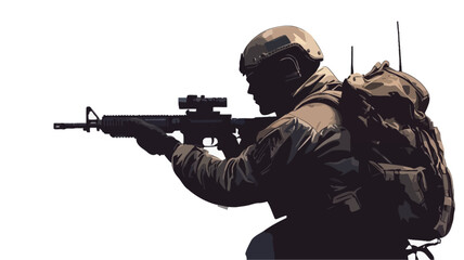 Fototapeta premium The image is a digital illustration or vector graphic depicting a soldier in a crouched aiming position. The soldier is rendered in a stylized, somewhat muted color palette of browns and