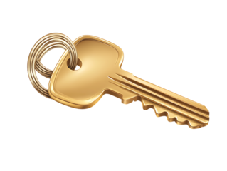 Golden key with keyring, isolated on black background.