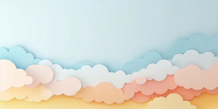 A flat lay composition featuring pastel-colored paper clouds arranged on a soft light blue background. This minimalist and dreamy design is perfect for backgrounds, creative projects, whimsical themes