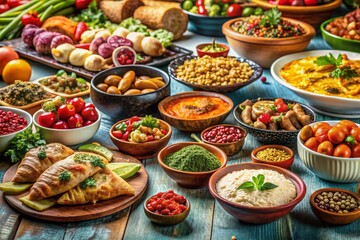 Fototapeta premium Abundant Food Table: Diverse Cuisine & Dishes for Stock Photos