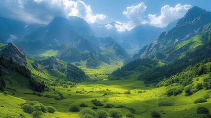 Fototapeta premium Sunlit green valley between mountains under cloudy sky