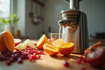 A Juicer Pouring Orange Juice Into a Glass on a Table - Generative AI