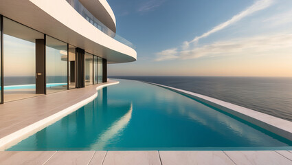 Fototapeta premium An infinity pool stretches out towards the ocean from a luxury villa at sunset.