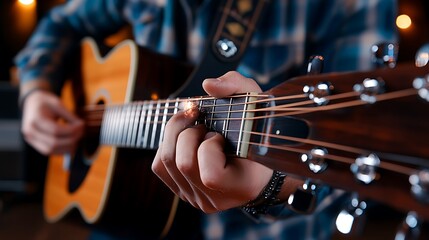 Obraz premium Musician strumming acoustic guitar, fingers pressing strings, dimly lit room background, close-up view