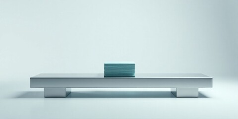 Minimalist Composition A Stack of Pale Blue Rectangular Objects Centered on a Sleek, Metallic Platform