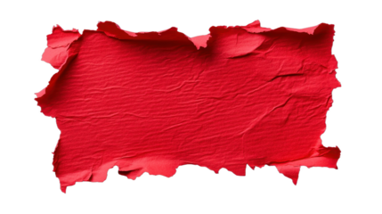 Ripped red paper background, vibrant bold color creating a striking visual effect, ideal for text overlay or promotional material. Isolated on white background or PNG