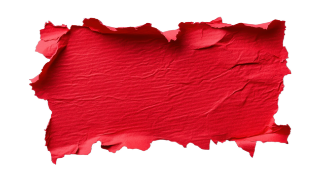 Ripped red paper background, vibrant bold color creating a striking visual effect, ideal for text overlay or promotional material. Isolated on white background or PNG