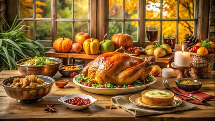 A Bountiful Autumn Feast Roasted Bird, Seasonal Vegetables, and Festive Side Dishes on a Rustic Wooden Table by a Window with Warm Autumnal Light