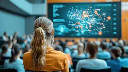 A woman sits in front of an audience, watching a digital presentation on a large screen showcasing interconnected data and technology.