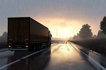 A cargo truck driving on a long highway at rainy, symbolizing logistics and land transportation. The scene conveys efficiency, and the dynamic movement of freight delivery. Industry business purpose.